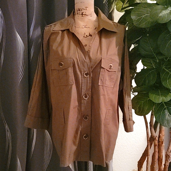 Women's Utility Top. Army Green/ Brown Size 3X. 3/4 Sleeve Length. Button Down. - Picture 1 of 6